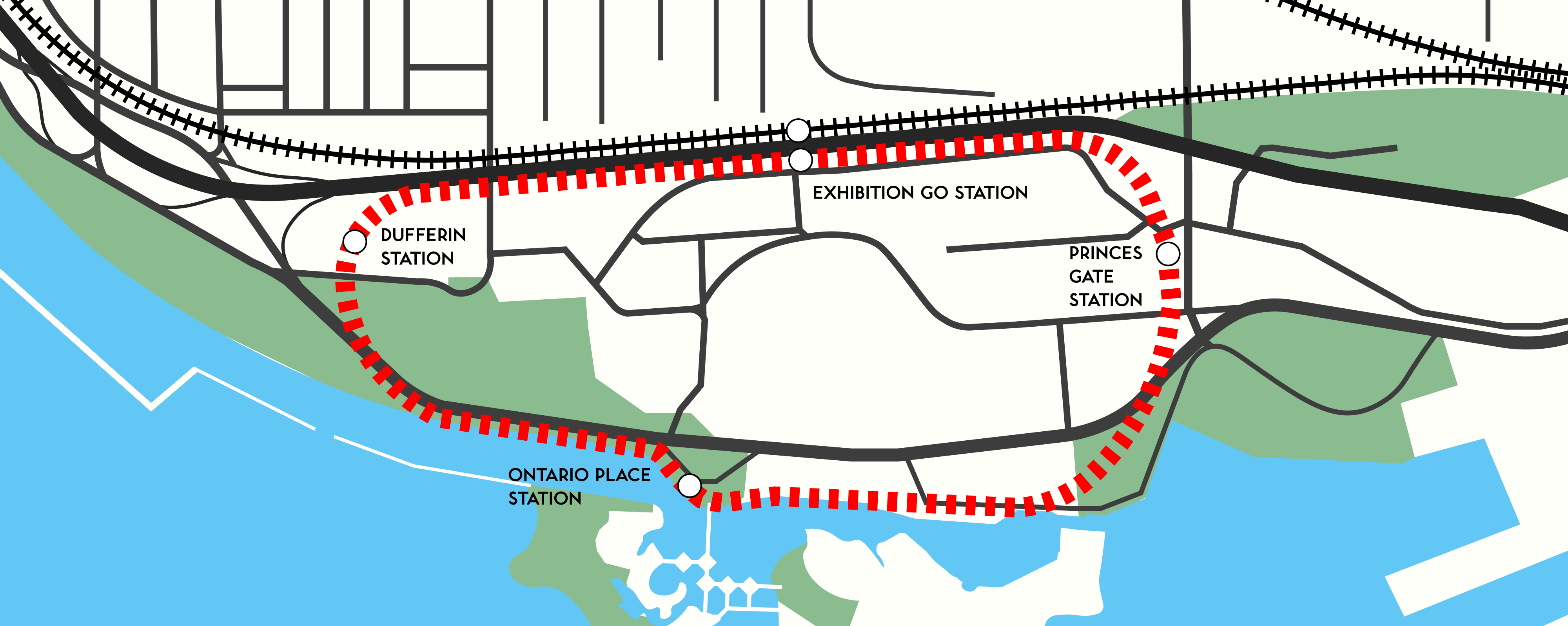 This image shows the proposed demonstration track for the GO-Urban system, which started construction late in 1973. There would be four stations, one at Exhibition GO Station/streetcar loop, one at Dufferin Street, one across Ontario Place, and one at Princes Gate. It was overbudget and was ultimately never completed following the cancellation of GO-Urban.
